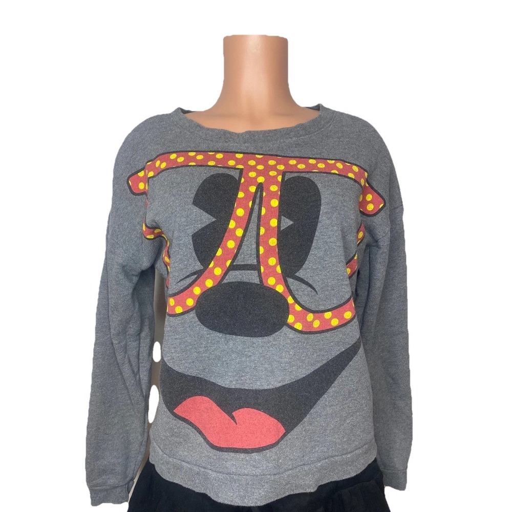 Disney Minnie Mouse Big Face Sweatshirt Womens Small Gray Glasses Polka Dots M